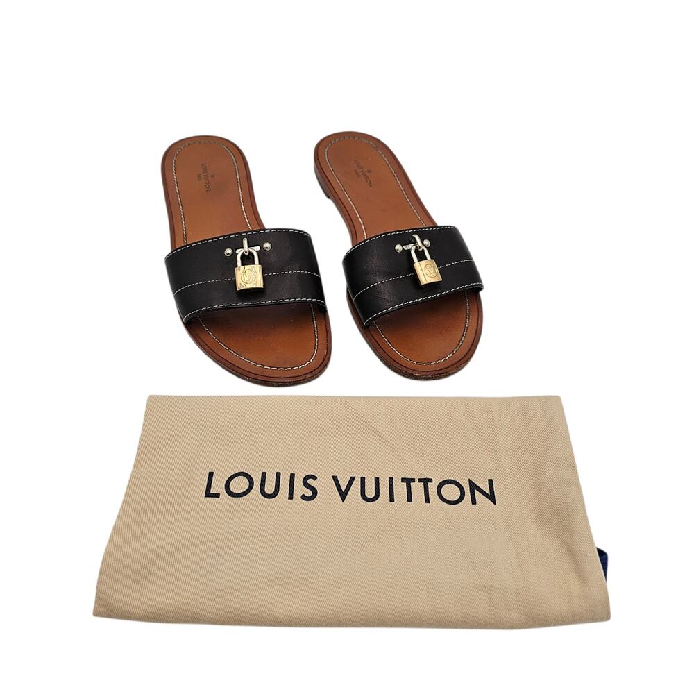 Louis Vuitton Lock It Flat Slide Sandal Black Brown Leather Gold Size 38 US 8 - Picture 2 of 13